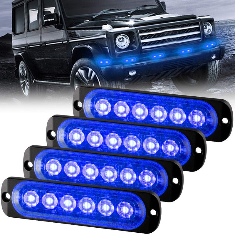 Sidaqi Universal 12-24V Emergency Strobe Warning Lights 6 LED 12W Surface Mount Beacon Hazard Warning Lights Flashing Light Bar for Off Road Vehicle, ATVs, Truck- 4PCS (Blue) - Image 1